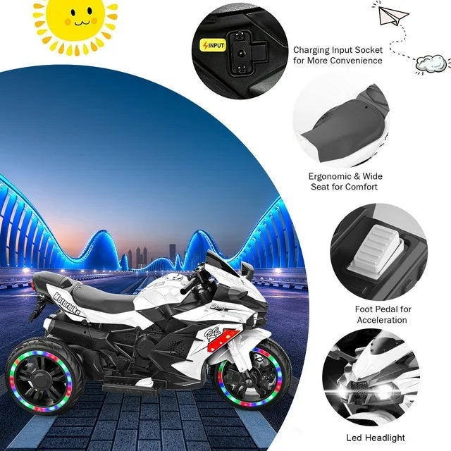 Techvida 12V Kids Electric Motorcycle, Battery Powered Kids Motor Bike 3 Wheels Kids Electric Car for Kids with LED Headlights, White