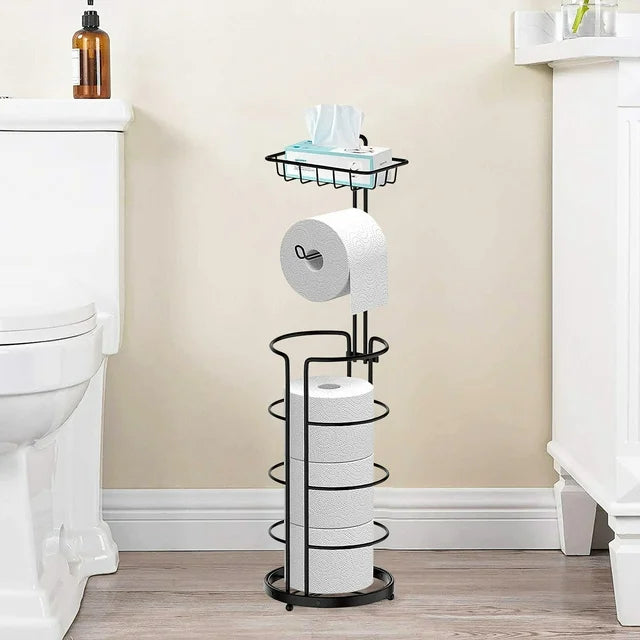 Techvida Toilet Paper Holder Stand with Shelf, Bathroom Freestanding Toilet Paper Stand with 4 Rolls Paper, Clearance