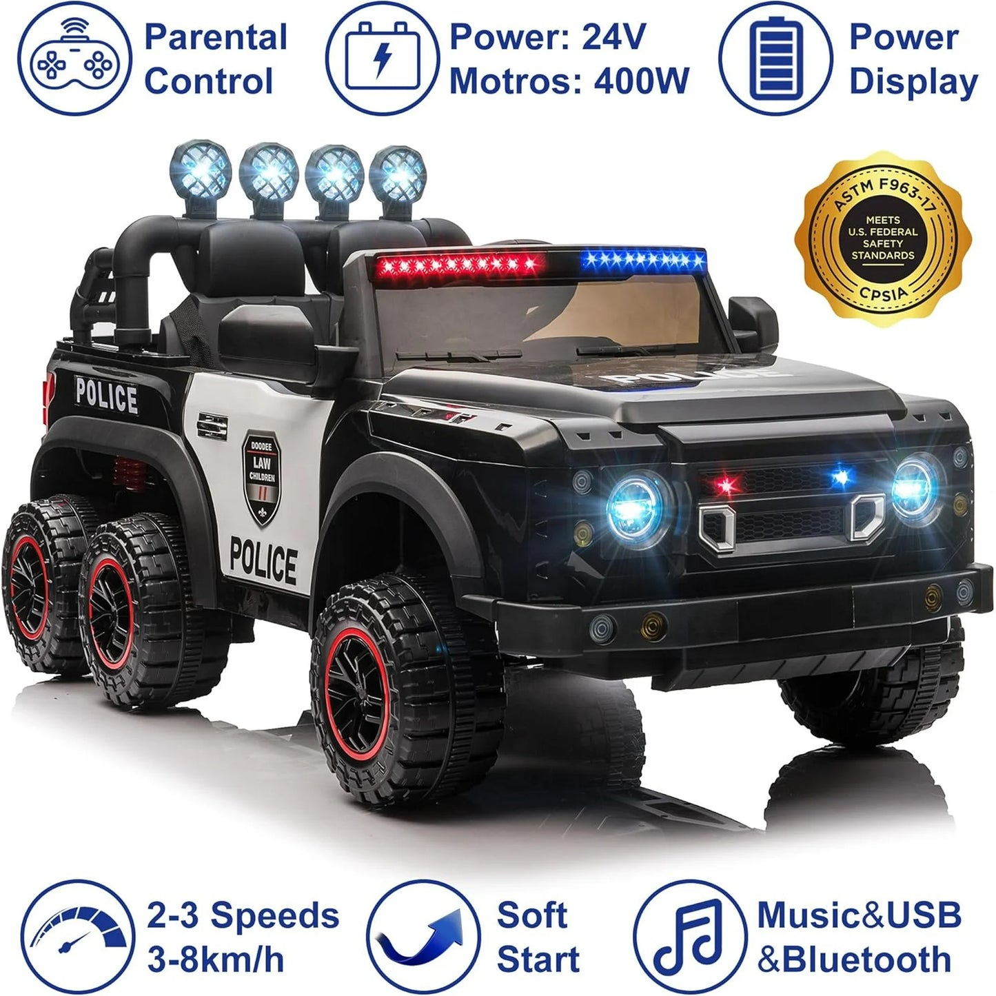 24V Electric Police Car for Kids 2 Seater, Ride on Toy for Big Kids with Remote Control, 400W Motors, 5mph Max Speed-Black