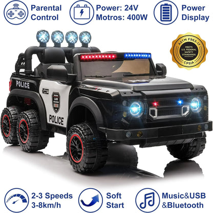 24V Electric Police Car for Kids 2 Seater, Ride on Toy for Big Kids with Remote Control, 400W Motors, 5mph Max Speed-Black