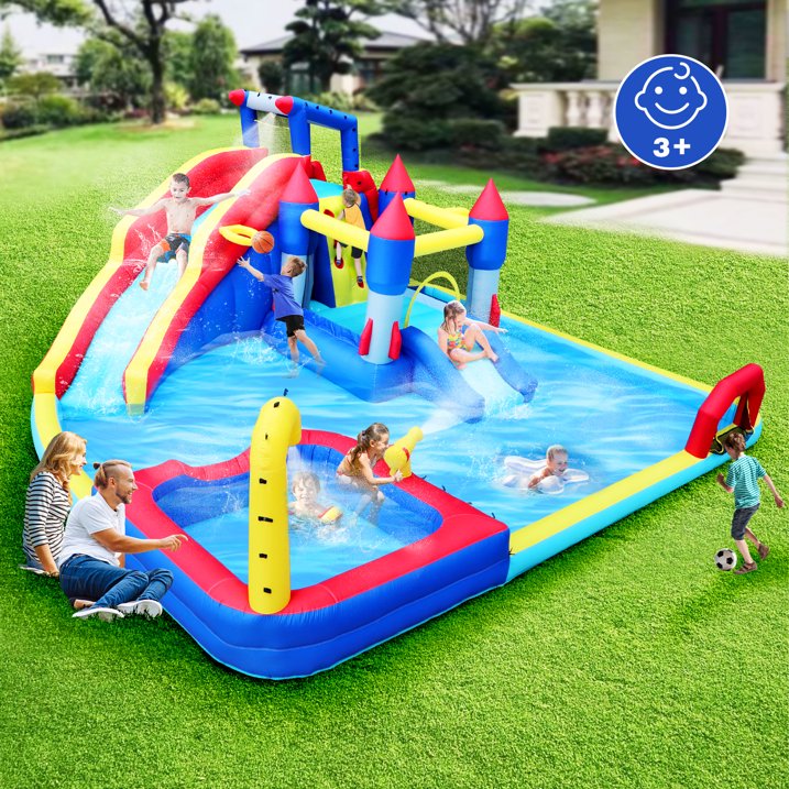 BATE 10 In 1 Kids Inflatable Slide Water Park Trampoline Bouncing House, Outdoor Bounce House with Blower, Splash Pool, Climbing Wall , Water Toys for 3-10 Years Old