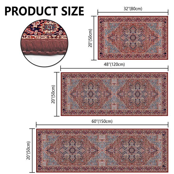 TECHVIDA Kitchen Rugs 3 Piece Set,Non Slip Machine Washable Kitchen Mats,Boho Vintage Abstract Kitchen Carpet for Farmhouse Living Room Hallway