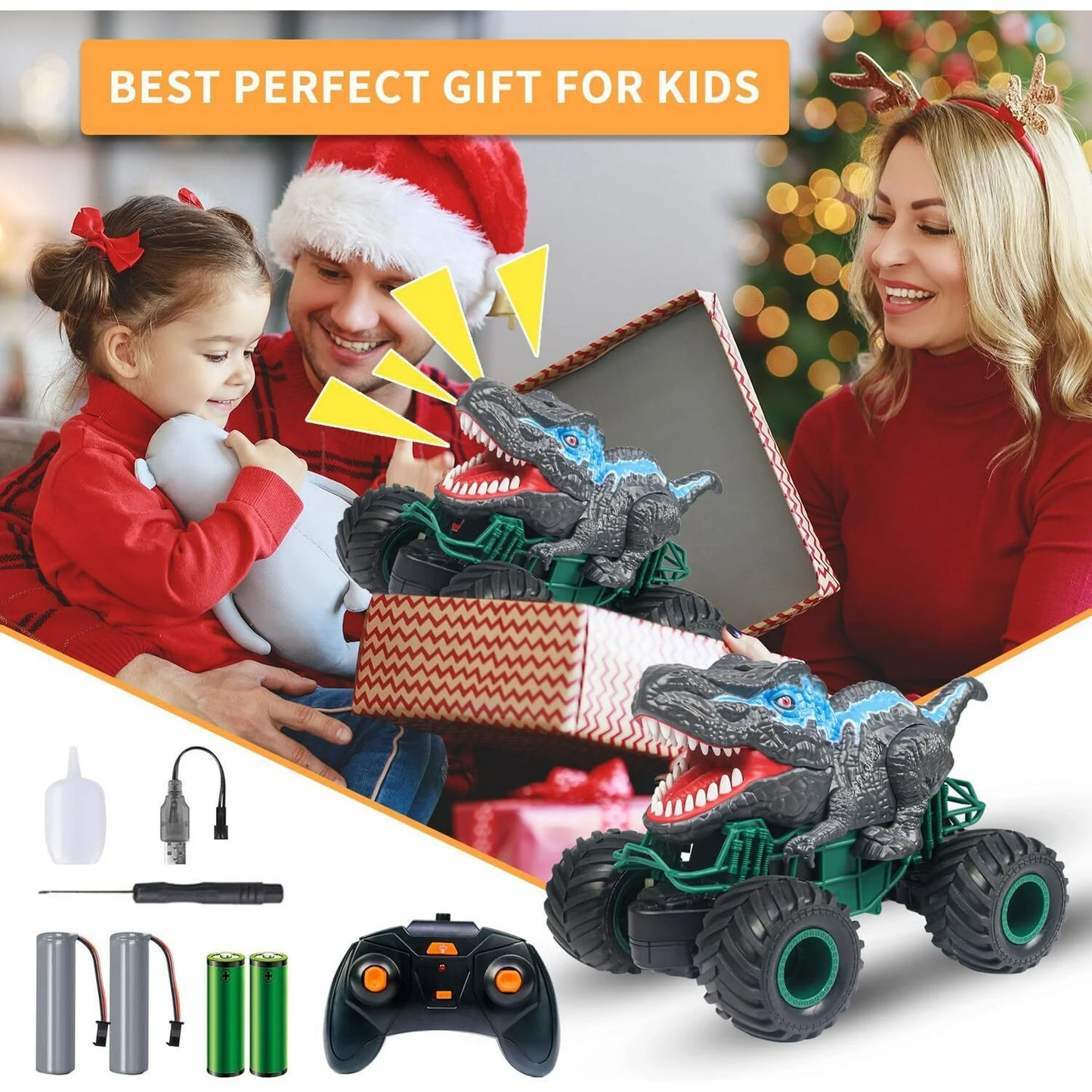 HNH Remote Control Dinosaur Car, RC Monster Truck for Boys, RC Dino Toys with Light, Sound & Spray