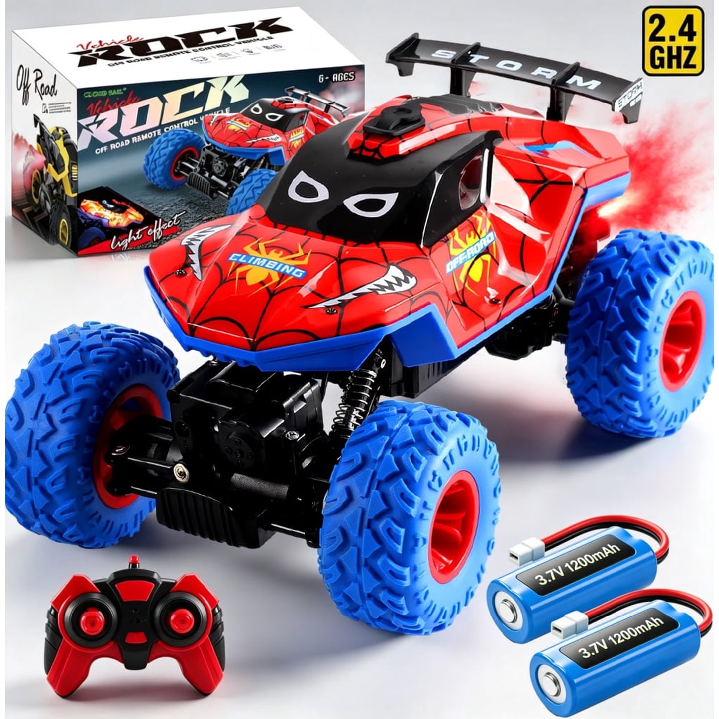 HNH 1:16 Spider Monster Truck RC Car, 4WD All Terrain Off-road Remote Control Car with 2 Batteries, Lighting, Spray