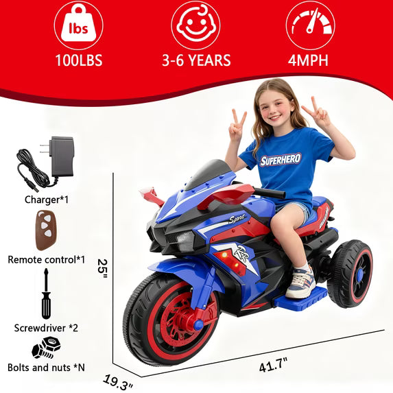 ProToys 12V Kids Motorcycle with Remote Control,Electric Motorbike Ride on Toy,Motorcycle for Kids 3-6 Years Old