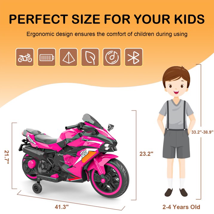 YOMYM 12V Ride on Motorcycle for Kids, Battery Powered 2 Wheels Motorcycle Toy with Bluetooth, Music, Light-