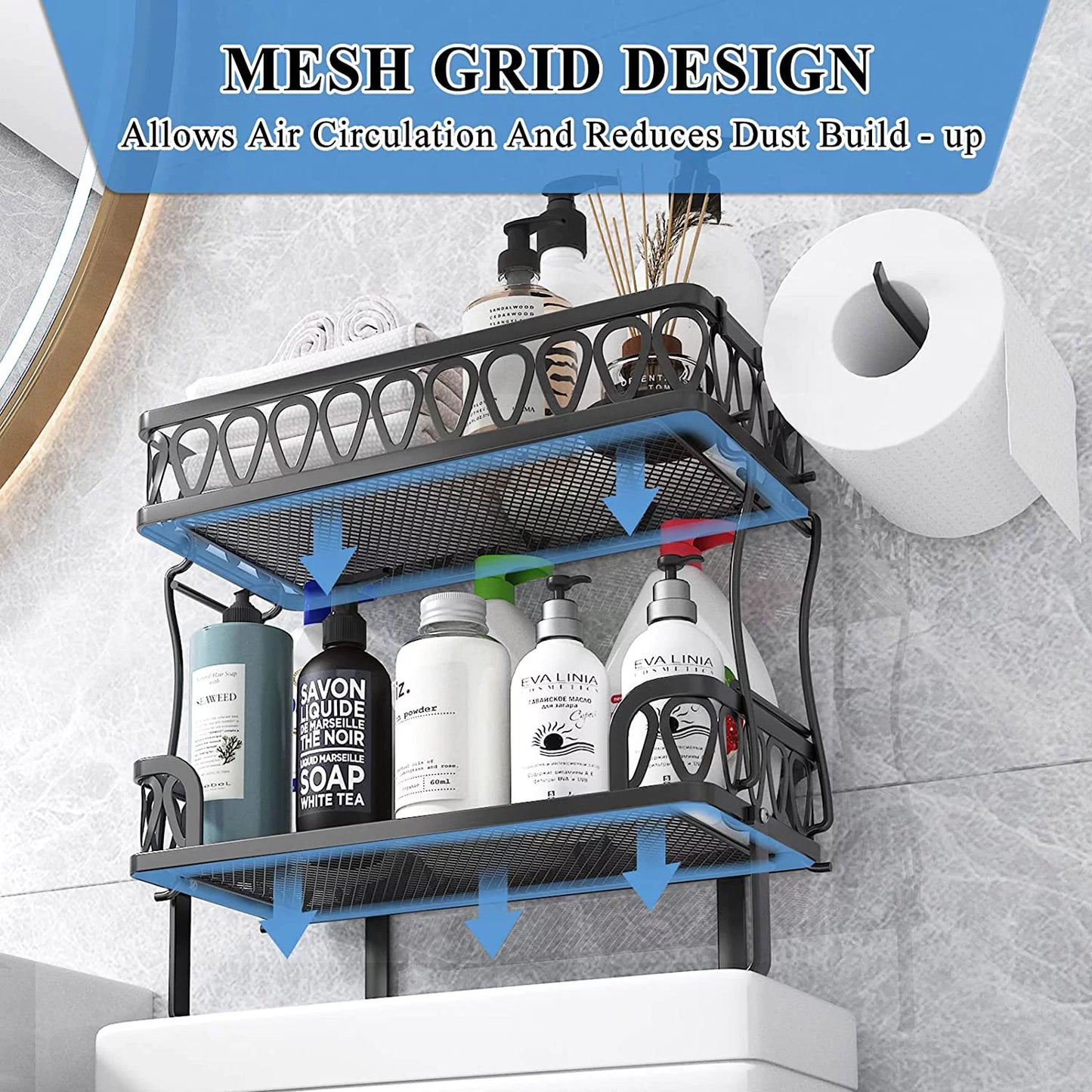 Werseon 2-Tier Over The Toilet Storage Shelf, Bathroom Organizer Over Toilet, Above Toilet Shelf with Toilet Paper Holder, Black