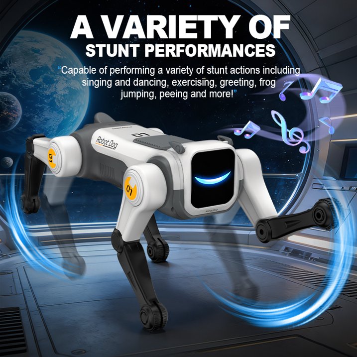 HNH Robot Dog Toy for Kids, 2.4Ghz Remote Control Stunt Dog with Music & Light, Voice Commands, White