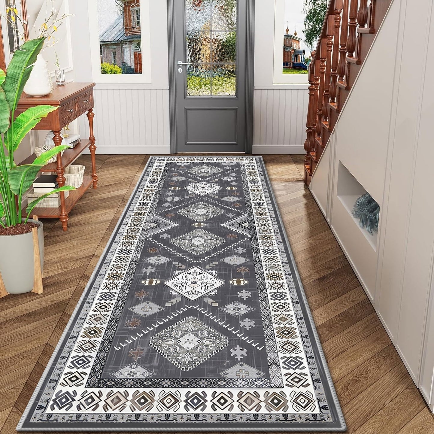 TECHVIDA 2'x6' Hallway Runner Rug Boho,Non Slip Machine Washable Rugs for Hallway Kitchen,Dark Grey
