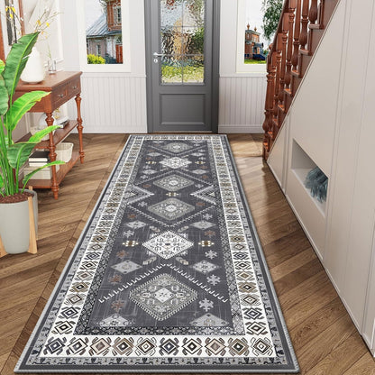 TECHVIDA 2'x6' Hallway Runner Rug Boho,Non Slip Machine Washable Rugs for Hallway Kitchen,Dark Grey
