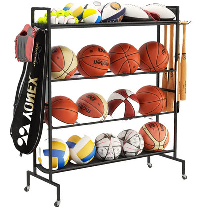 Werseon Basketball Rack,Ball Storage Stand,4 Tier Balls Organizer Rack with Holder & Hooks,41x15x46 inch