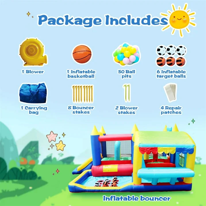 HONGLONG 7 in 1 Giant Inflatable Bounce House，Kids Bounce House Jumping Castle Slide with Ball Pool,Blower for Kids Indoor Outdoor Party Family Fun Party Gift