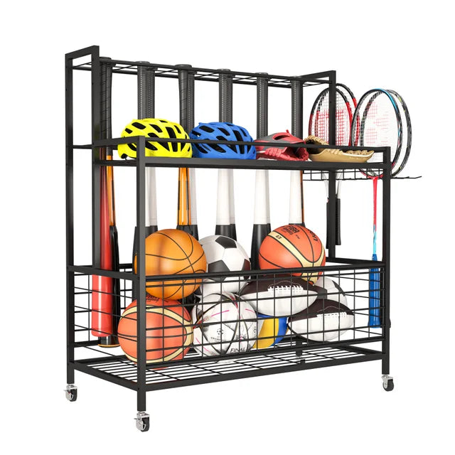 WERSEON Garage Sports Equipment Organizer, Basketball Storage Rack, Sports Organizer Cart with Basket and Hooks