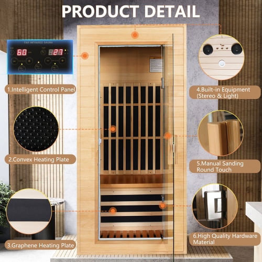 Cheelom Single Sauna Room Far Infrared Wooden Sauna Room Infrared Sauna for Home Hemlock Indoor Sauna Spa with Time Temp Pre-Set and Dual Audio Bluetooth