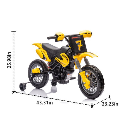 Motorcycle for Kids, 12V Electric Ride On Dirt Bike, 3.73 Mph Top Speed, Headlights, Training Wheels, Realistic Sounds, Music, Battery Charger-Yellow