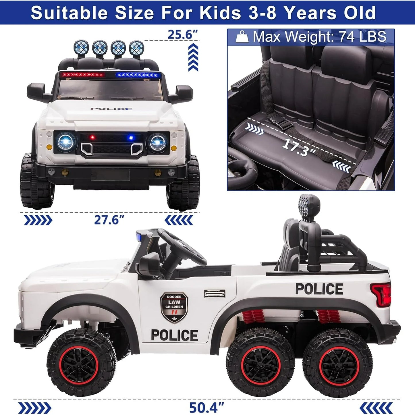 24V Electric Police Car for Kids 2 Seater, Six Wheel Ride on Toy for Big Kids with Remote Control, 400W Motors, 5mph Max Speed-White