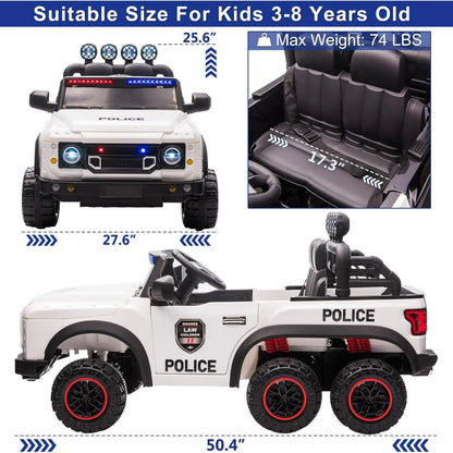 24V Electric Police Car for Kids 2 Seater, Six Wheel Ride on Toy for Big Kids with Remote Control, 400W Motors, 5mph Max Speed-White