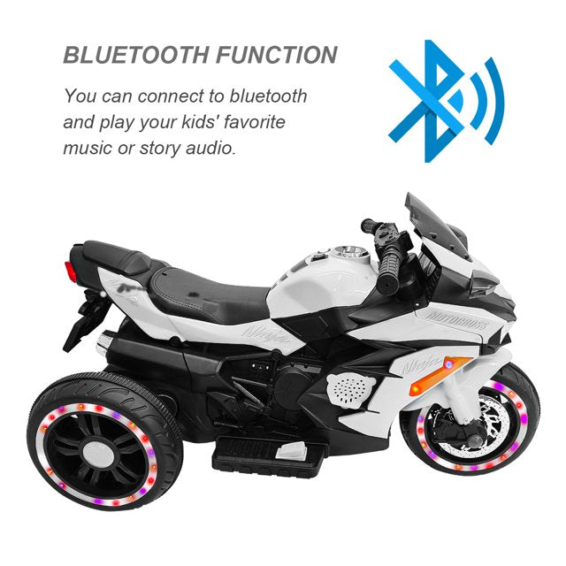 WUBEN 12V Kids Motorcycle Children Electric Motorcycle 3 Wheels Motorcycle with Bluetooth,White