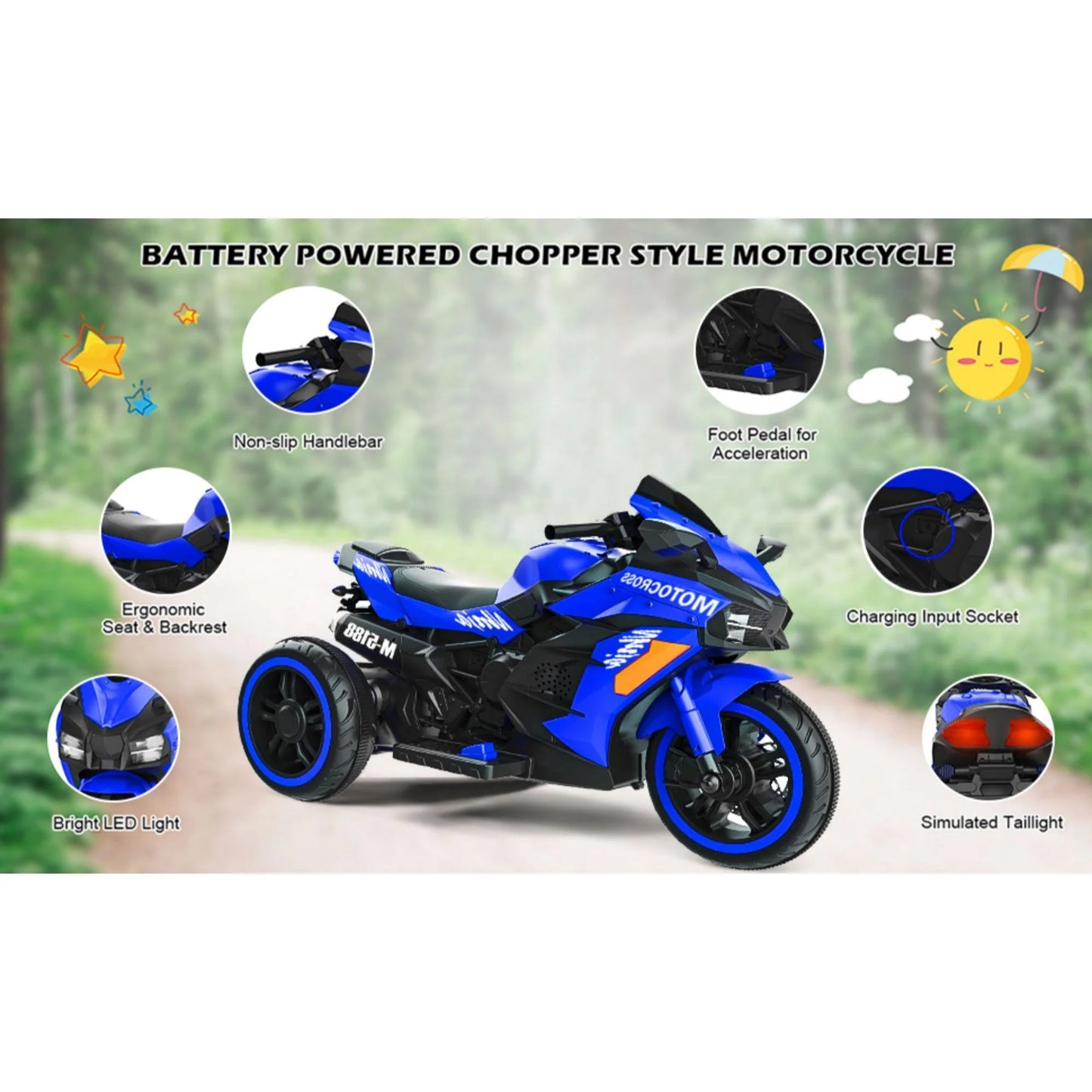 HNH Toddler Ride On Toys Age 2-4, Kids Motorcycle Tricycle with 3 Wheel, 12V Electric Ride on Motorcycle with Light Wheel & Bluetooth Music-Blue