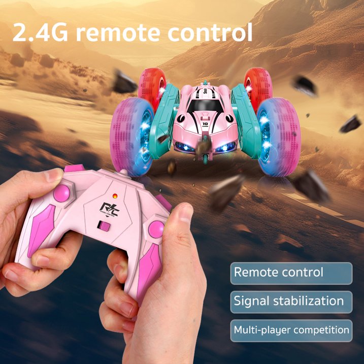 HNH RC Stunt Car for Boys Girls Ages 6-12, 2.4GHz Pink Remote Control Car, 4WD RC Cars Toys with Lights, Double-Sided Driving & 360°Flips, 2 Batteries, Presents Gifts
