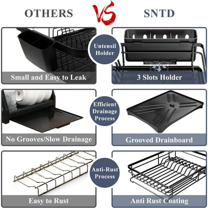 Werseon Dish Drying Rack, Stainless Steel Dish Rack for Sink, Large Dish Rack with Drainboard,Rustproof Dish Drainer with Utensil Holder for Kitchen,Black