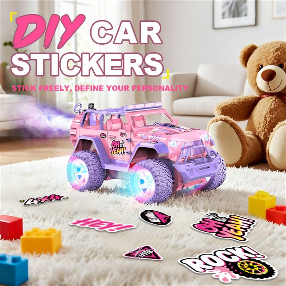 HNH 1:16 Remote Control Car for Kids, Pink Monster Truck with DIY Sticker, Colorful Wheel Light, Spray, Off Road Trucks for Girl Age 4-12 Birthday Gift