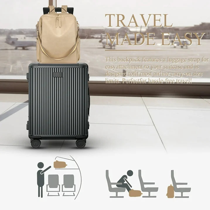 HONGLONG PU Leather Backpack for Women Fashion Multipurpose Design Convertible Backpack Purse Large Shoulder Bag Travel Bag Beige