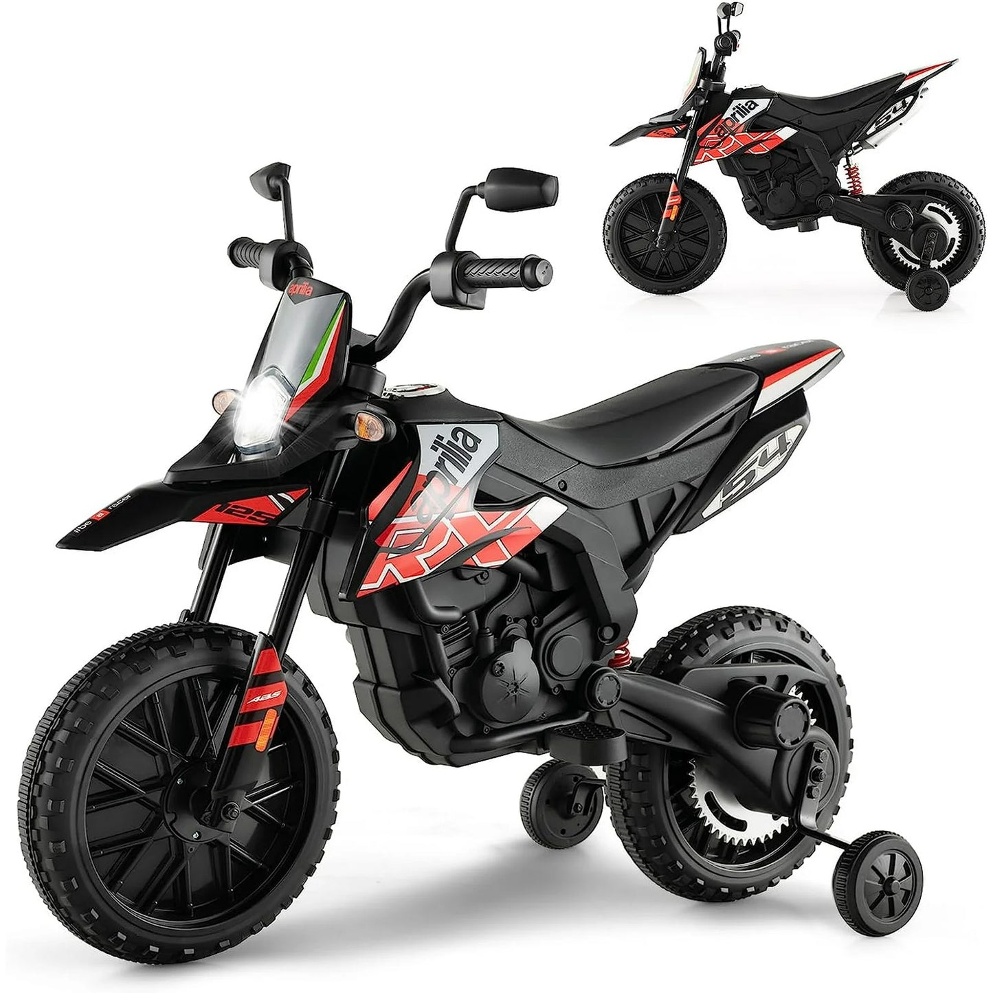 12V Kids Motorcycle, Licensed Aprilia Electric Motorcycle Ride On Toy w/Training Wheels, Spring Suspension, LED Lights, Sounds & Music, Battery Powered Dirt Bike for Boys & Girls, Red