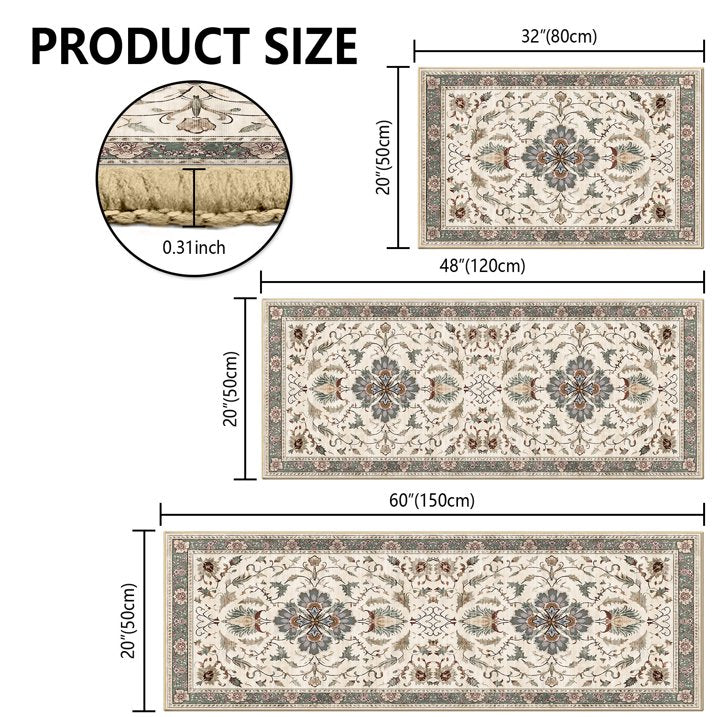TECHVIDA Kitchen Rugs 3 Piece Set,Non Slip Machine Washable Kitchen Mats,Boho Vintage Abstract Kitchen Carpet for Farmhouse Living Room Hallway