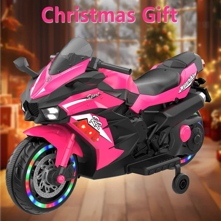 HNH 12V Ride on Toys for Girls, Electric Motorcycle Toys with Training Wheels, Powered Motorcycle with Music, Bluetooth, Lights