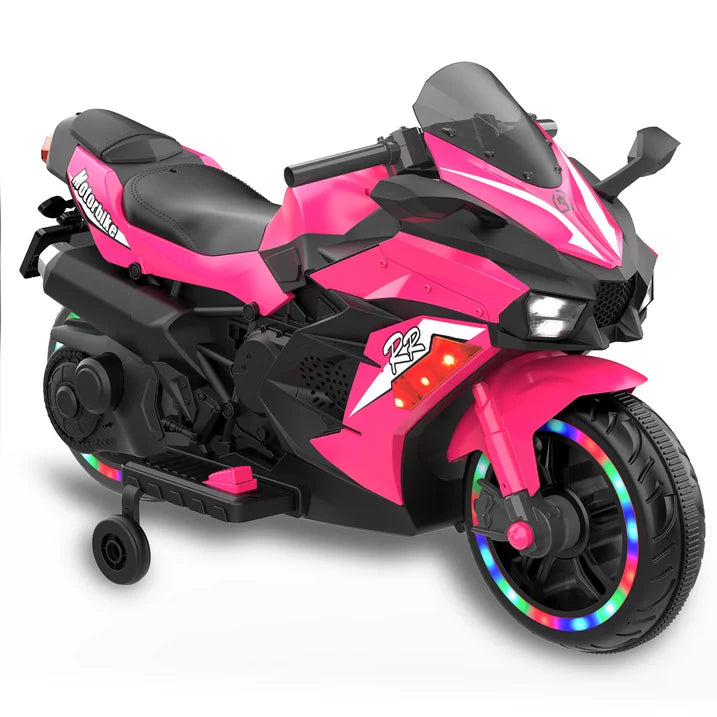 HNH 12V Ride on Toys for Girls, Electric Motorcycle Toys with Training Wheels, Powered Motorcycle with Music, Bluetooth, Lights