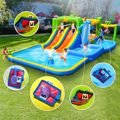 HNH Inflatable Water Park Double Slide Bouncy House with Splash Pool, Water Gun, Basketball, Climbing Wall, Dual Pools for Outdoor Party, Ages 3-12