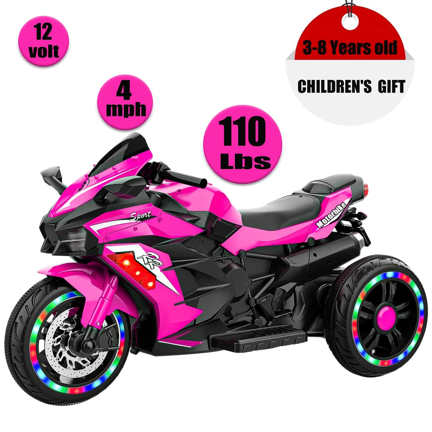 Zogymoz 12V Electric Motorcycle for Girls, Battery Powered Motorcycle Toy Child Dirt Bike, Kids Ride On Motorcycle, Pink