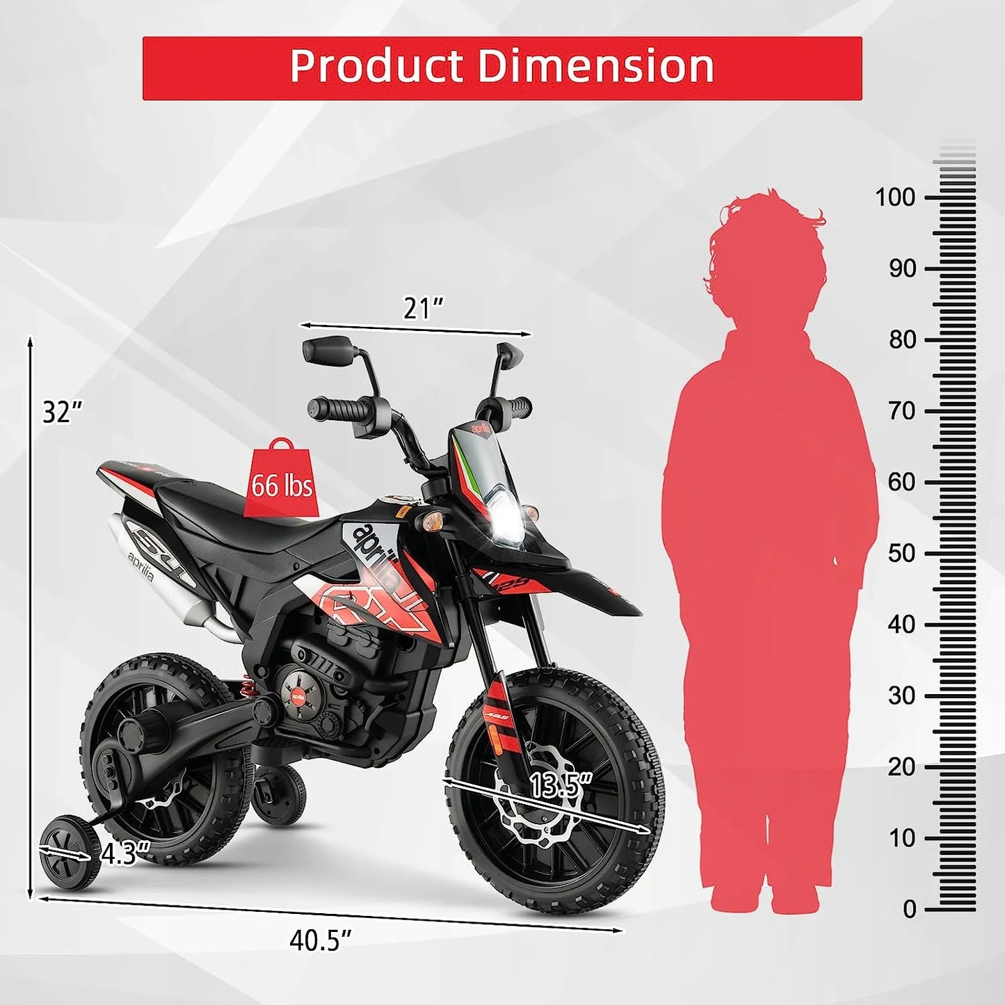 12V Kids Motorcycle, Licensed Aprilia Electric Motorcycle Ride On Toy w/Training Wheels, Spring Suspension, LED Lights, Sounds & Music, Battery Powered Dirt Bike for Boys & Girls, Red