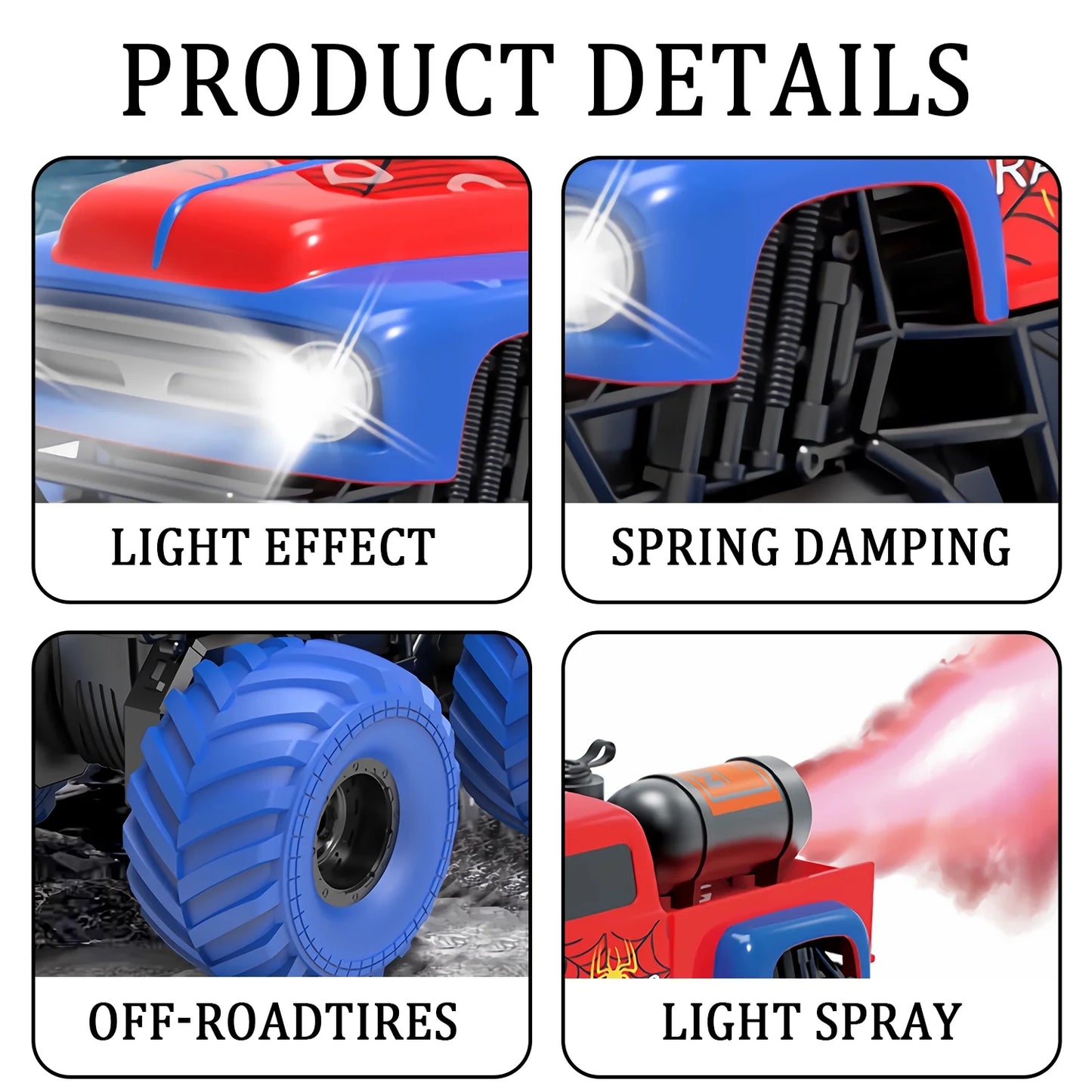 ZOGYMOZ Amphibious Remote Control Car, 1:16 All Terrain Off-Road Waterproof Monster Truck with Spray and LED Lights, 2 Rechargable Batteries, Kids Toys for Boys