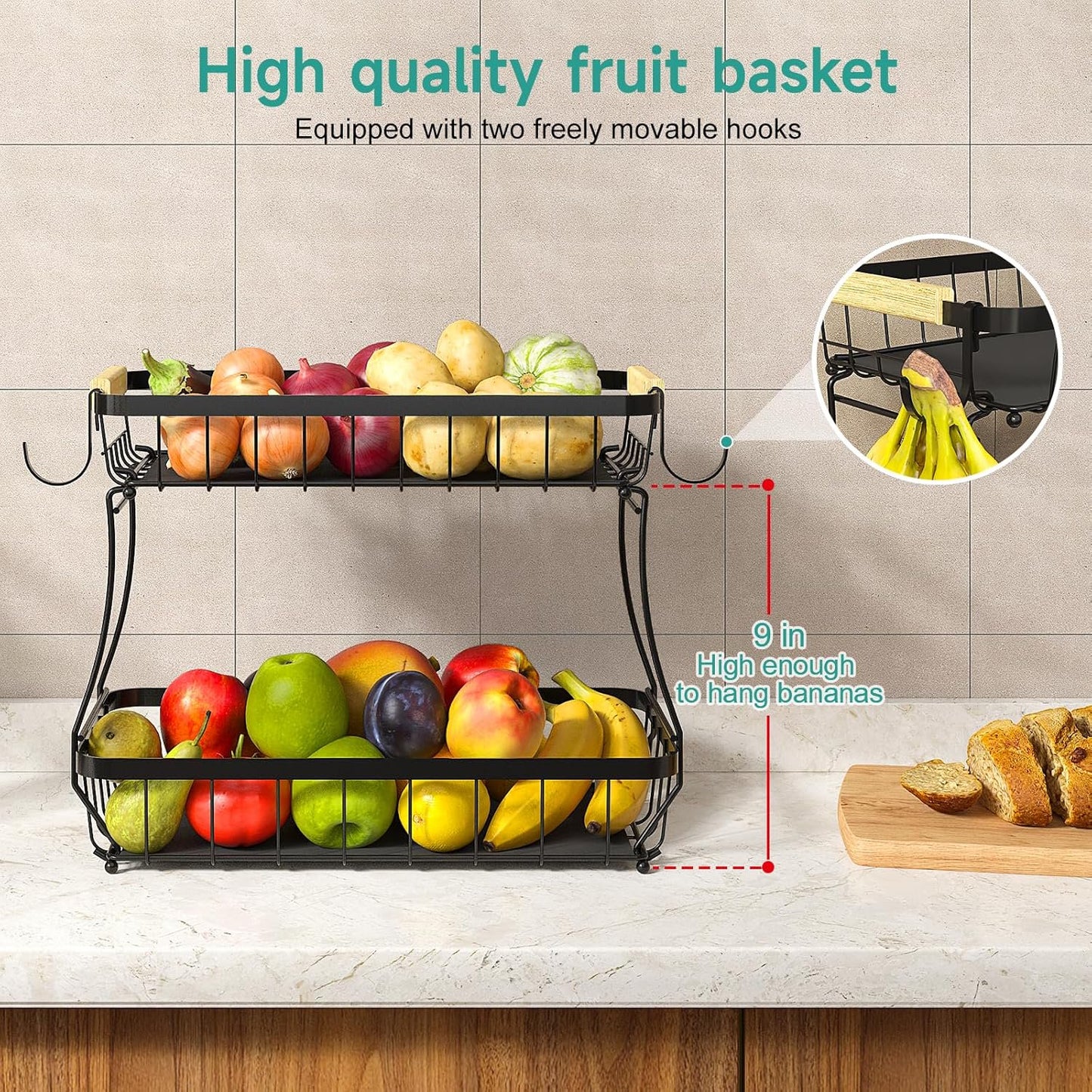 TECHVIDA 2 Tier Fruit Basket for Kitchen with 2 Banana Hangers, Detachable Metal Fruit Bowl for Kitchen Counter for Fruit and Vegetable Storage, Large Capacity Tiered Fruit Tray