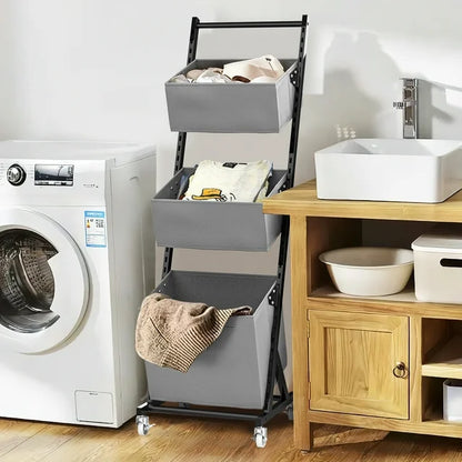 TECHVIDA Freestanding Laundry Sorter with 3 Baskets, Adjustable Metal Laundry Hamper Cart with Lockable Rolling Wheels for Storage