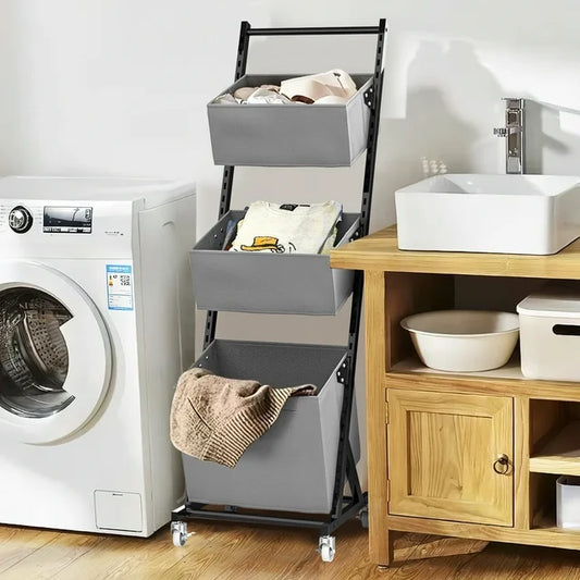 TECHVIDA Freestanding Laundry Sorter with 3 Baskets, Adjustable Metal Laundry Hamper Cart with Lockable Rolling Wheels for Storage