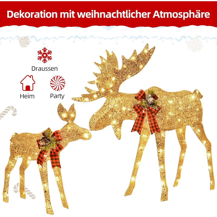 Lighted Christmas Set Decoration Family, 2-Piece Light up Christmas Decor Reindeer Set for Indoor Outdoor with LED Lights, Extension Cord, Plug, Ground Stakes