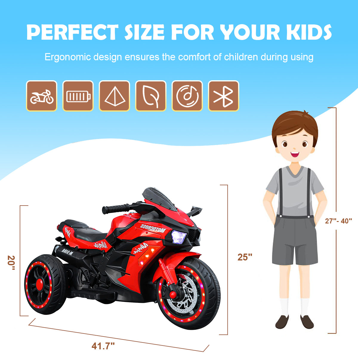 WUBEN 12V Motorcycle for Kids Battery Powered Electric Vehicle with 3 Wheels Ride on Motorcycle for Child