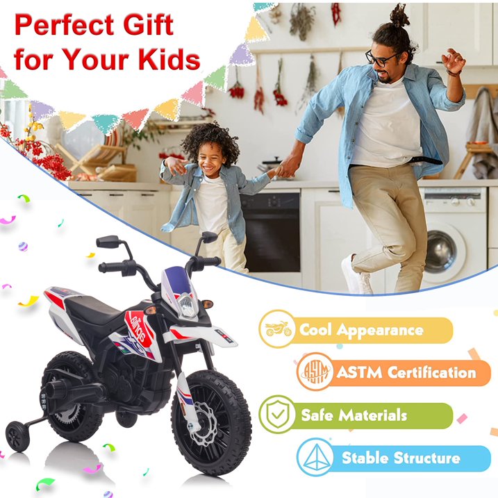 12V Electric Dirt Bike for Kids 3-6, Aprilia Ride on Toy Car with LED Light, MP3, Child Motorcycle for Boys Girls