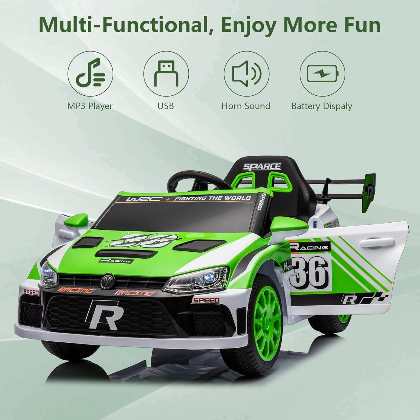 12V Kids Ride on Car Kids Electric Vehicle Toy, Battery Powered Toy Car w/Remote Control, 2 Speed, Bluetooth, LED Light, Ride On Race Toy, Green