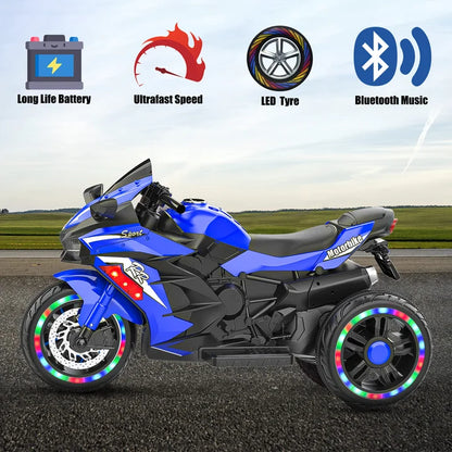 HNH Kids Motorcycle Ride On Car with 3 Wheel, 12V Electric Motorbike for Kids, LED Tire and Bluetooth Music, Ride On Car Gift