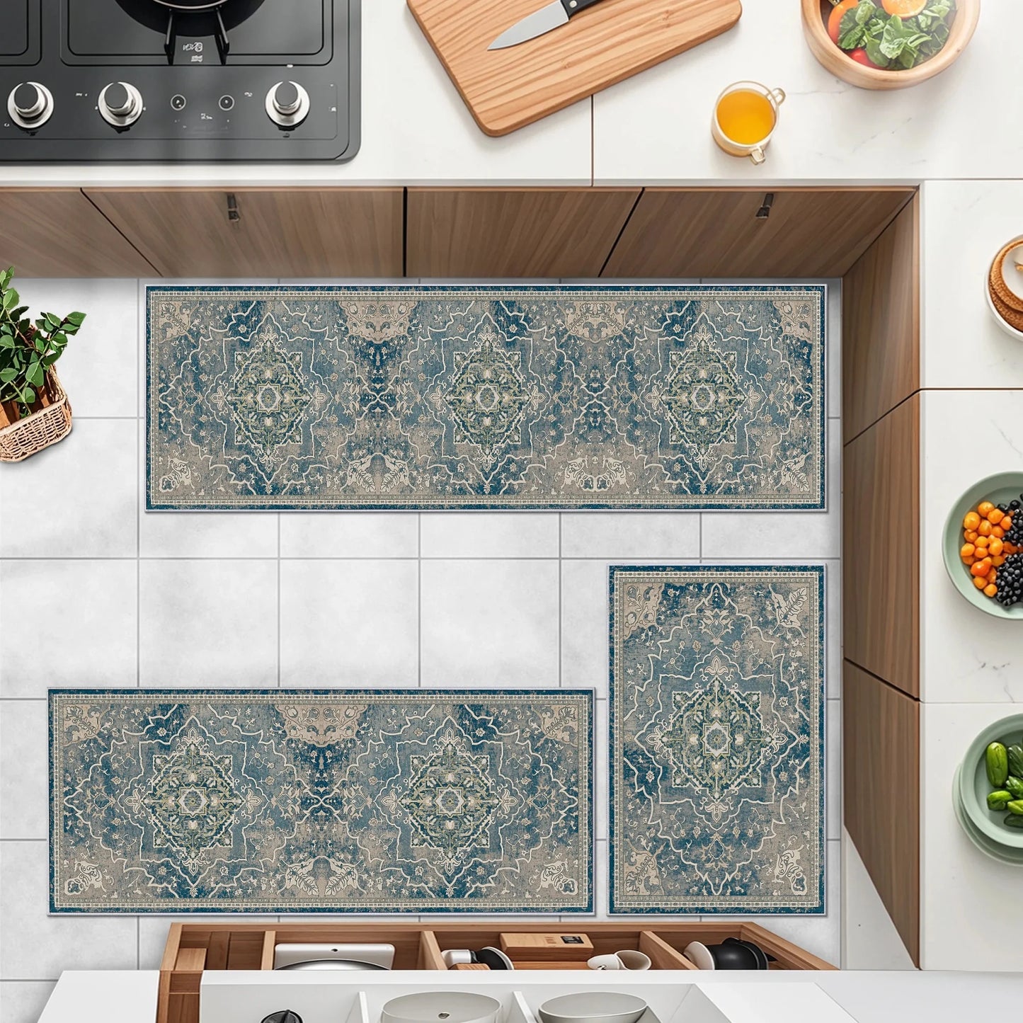 TECHVIDA Kitchen Rugs 3 Piece Set,Kitchen Mats for Floor Non-Slip Machine Washable, Boho Farmhouse Hallway Doormat for Holiday
