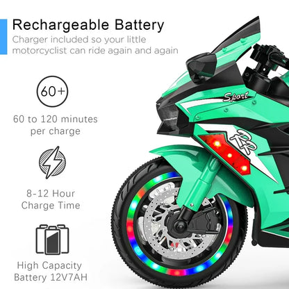 HONGLONG Ride on Toys 12v Battery Powered Ride on Motorcycle for Kids 3 Wheels Motorcycle with LED Lights Music Green,Child