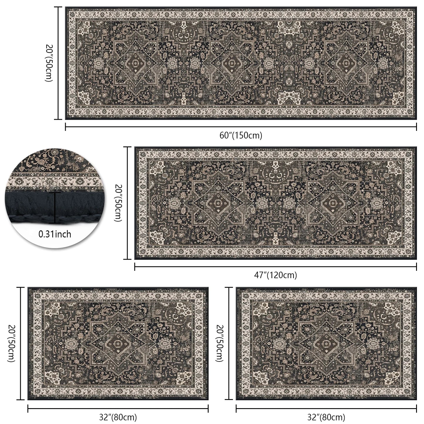 TECHVIDA Kitchen Rugs 4 Piece Set,Non Slip Machine Washable Kitchen Mats,Boho Vintage Abstract Kitchen Carpet for Farmhouse Living Room Hallway