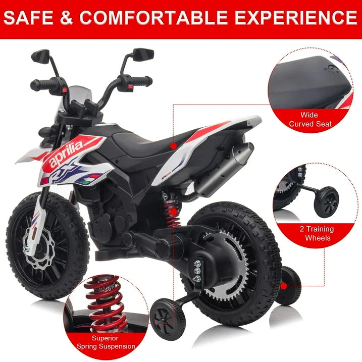 12V Electric Dirt Bike for Kids 3-6, Aprilia Ride on Toy Car with LED Light, MP3, Child Motorcycle for Boys Girls