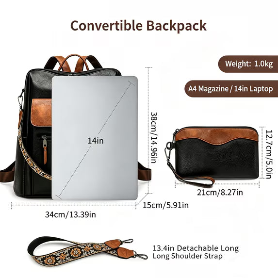 HONGLONG PU Leather Backpack Purse for Women Large Fashion Designer Travel Backpack Ladies Shoulder Bag - Black