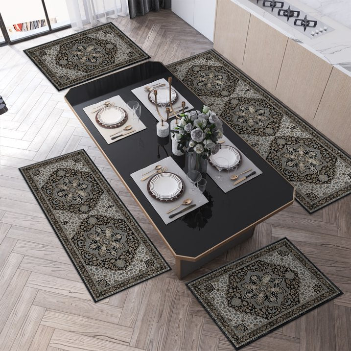 TECHVIDA Kitchen Rugs 4 Piece Set,Non Slip Machine Washable Kitchen Mats,Boho Vintage Abstract Kitchen Carpet for Farmhouse Living Room Hallway