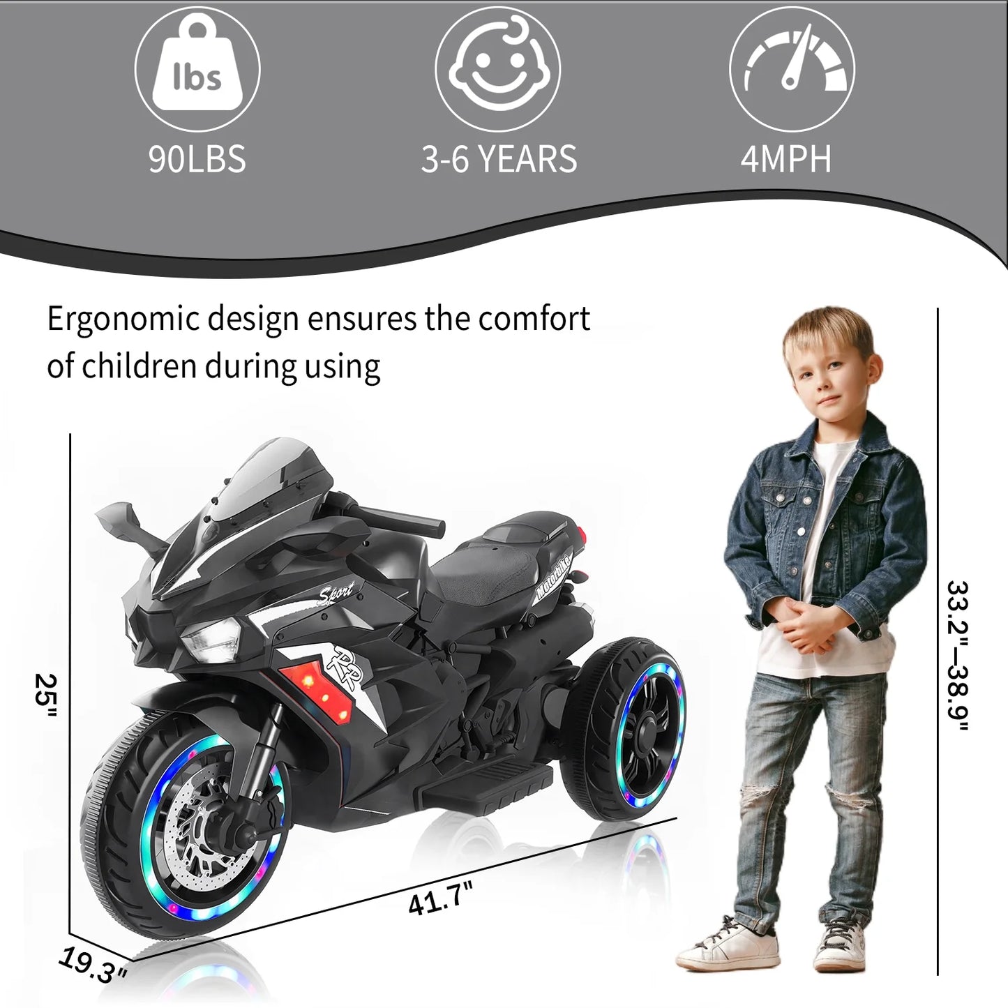 HNH 12V Motorcycle for Boys 3-8 Year Electric Ride On Motorcycle for Brithday Gifts, Kids Motorcycle with LED Lights, Music